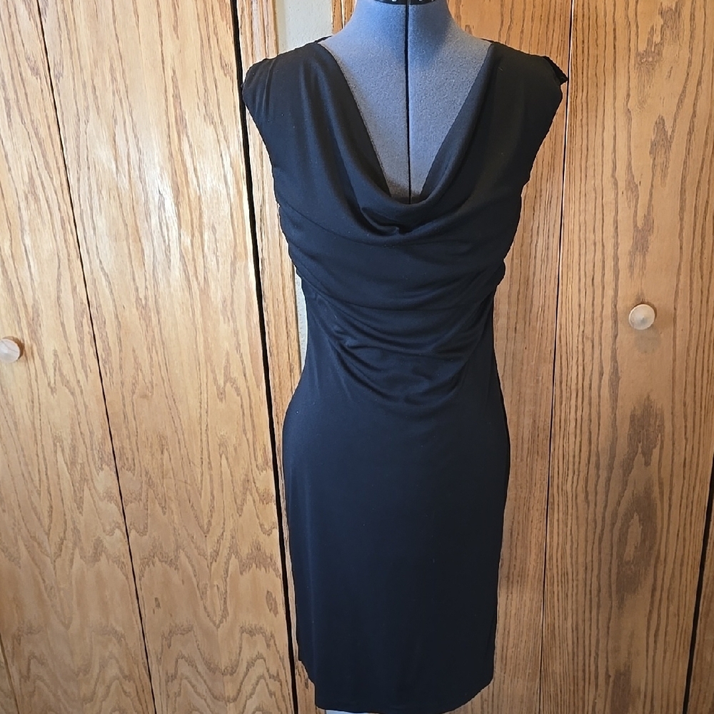 Black Ruched Cowl Neck Sheath Dress